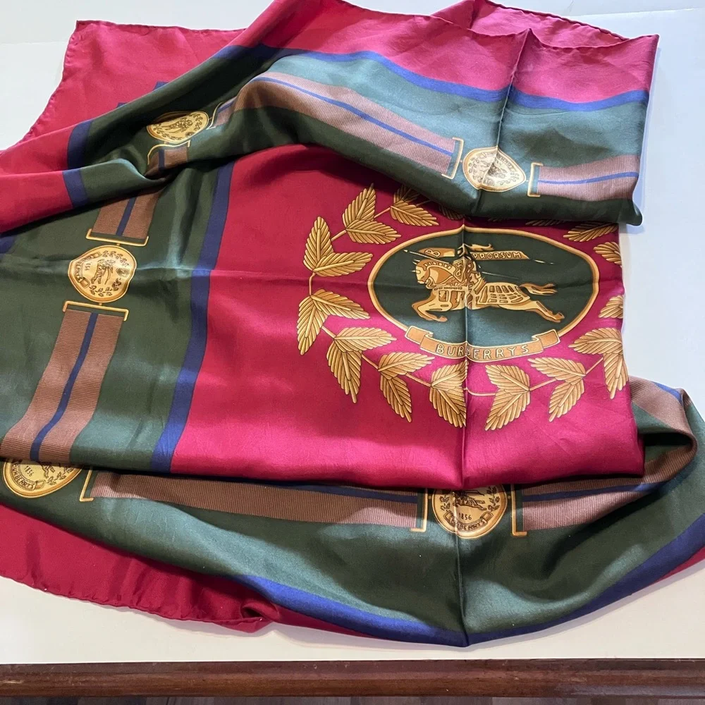Burberry Silk Scarf in Burgundy, Olive & Navy - Picture 2 of 3